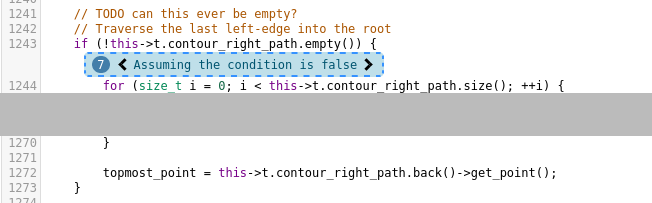 A screenshot of a code listing. A blue message bubble with the number seven and the text 'Assuming the condition is false' is visible right after a line 'if (...)'