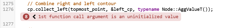 A screenshot of a code listing. A red message bubble with the text '1st function call argument is an uninitialized value' is visible.