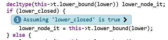 A screenshot of a code listing. The listing starts with a line 'if (lower_closed)', immediately followed by a message bubble stating 'Assuming lower_closed is true'.