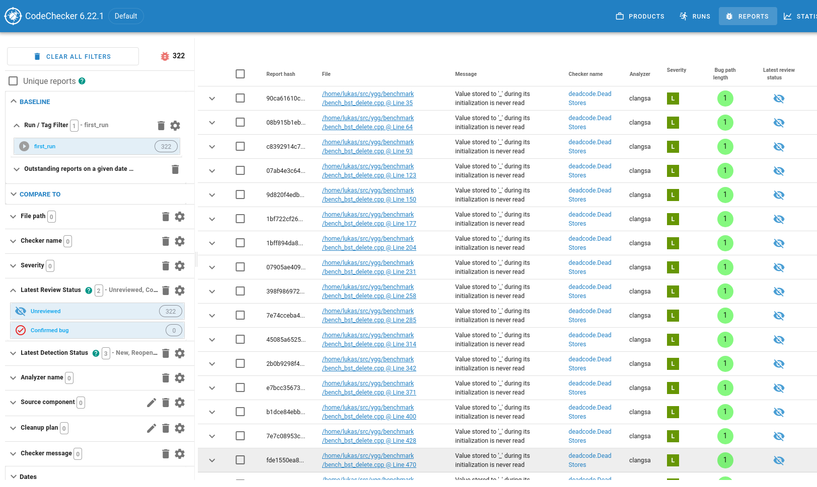 The main view of CodeChecker server. On the left, there is a side bar with lots of filtering options. On the right, there is a table listing all the suspected bugs found in this run.