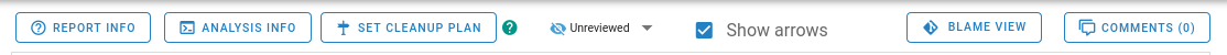 A menu bar with the buttons 'Report Info', 'Analysis Info', 'Set Cleanup Plan', 'Blame View' and 'Comments (0)', and a drop-down menu that currently shows 'Unreviewed'.