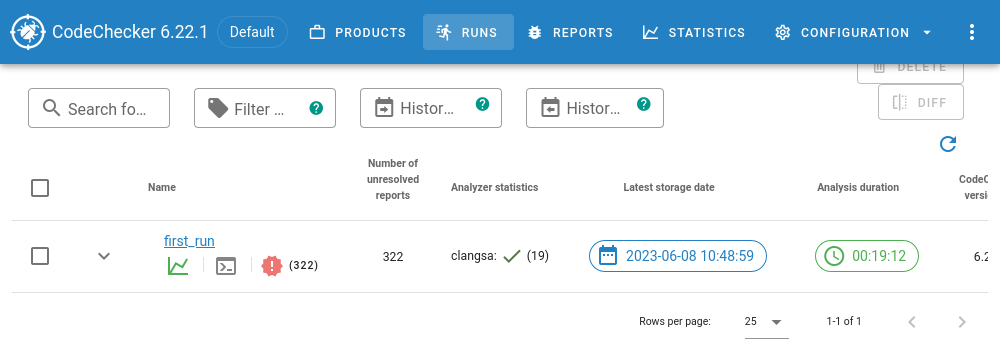 A screenshot of the 'runs' view in CodeChecker server. There is a single run, 'first_run'.
