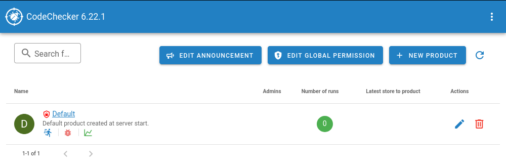 A screenshot of the start page of CodeChecker server. It shows a table with a single row, the product 'Default', which still has zero 'Runs'.